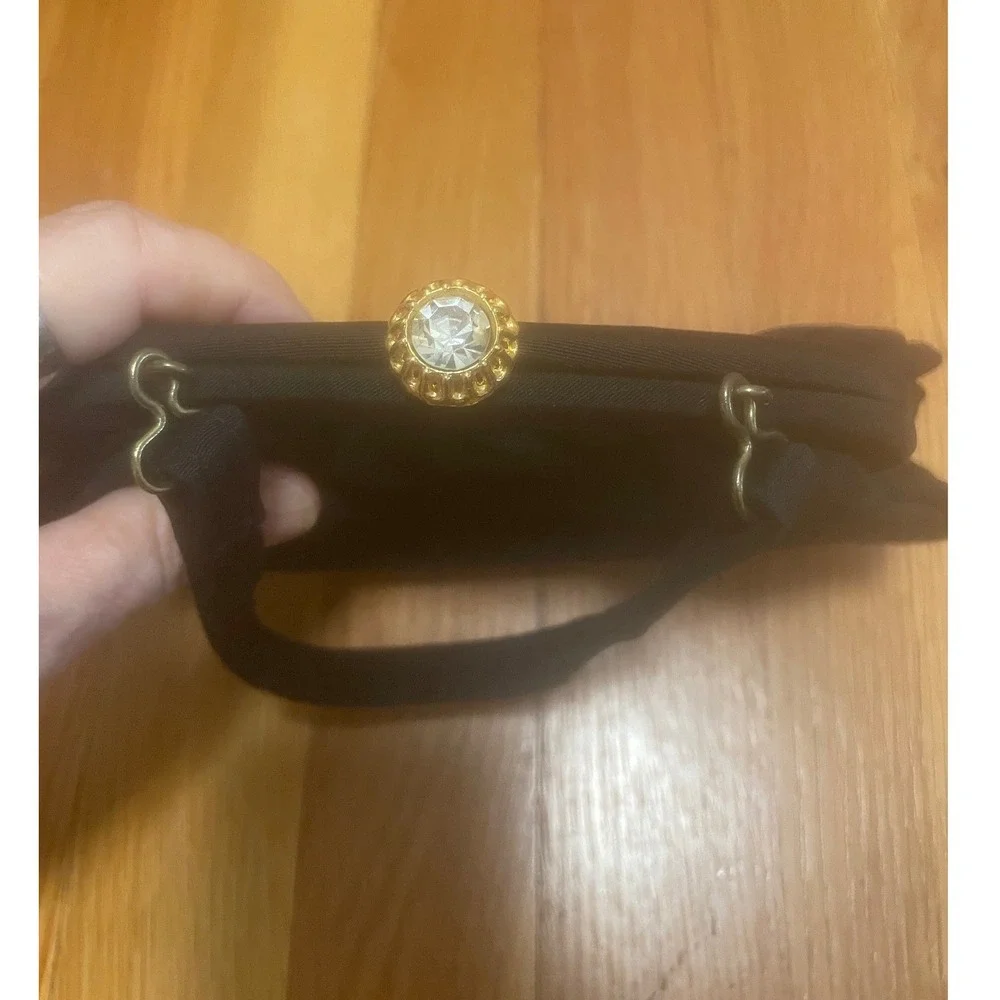 Vintage Black Faille Evening Bag Gold Rhinestone Kiss Lock Pleated Handbag